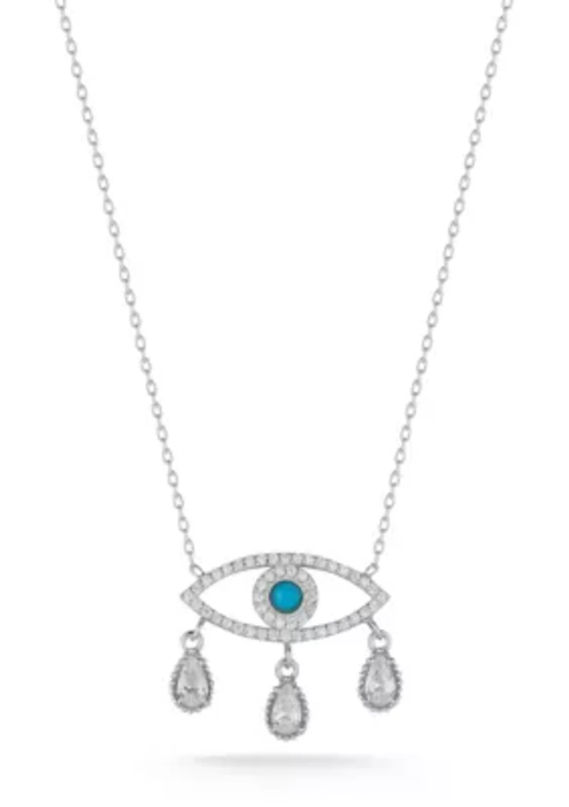 Sterling Silver Cubic Zirconia and Enamel Evil Eye Teardrop Pendant Necklace