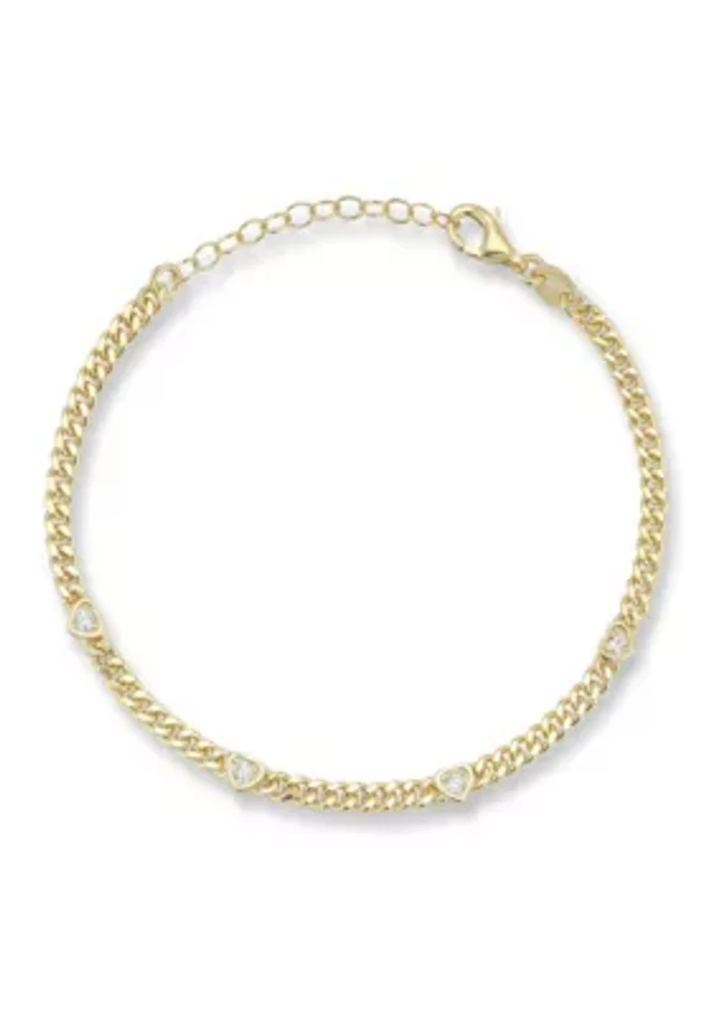 Sterling Silver Cubic Zirconia Heart Station Curb Chain Bracelet