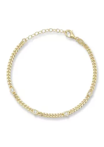 Sterling Silver Cubic Zirconia Heart Station Curb Chain Bracelet