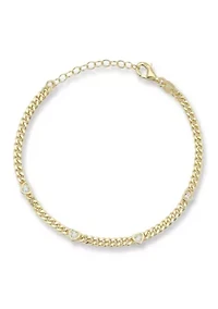 Sterling Silver Cubic Zirconia Heart Station Curb Chain Bracelet