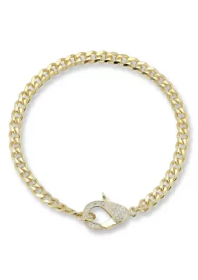 Sterling Silver Pave Lobster Claw Curb Chain Bracelet