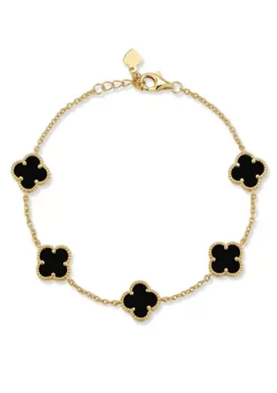 Sterling Silver Black Agate Clover Station Bracelet