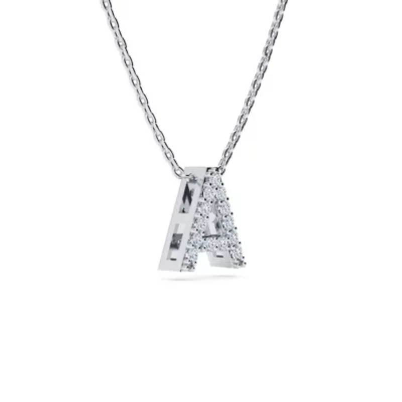Lab Created Block Initial Grown Diamond Necklace Sterling Silver With 18 Inch Chain, All Letters Available