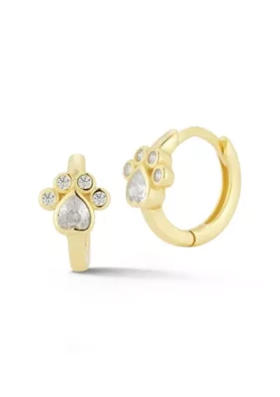 Sterling Silver Cubic Zirconia Paw Print Huggie Hoop Earrings