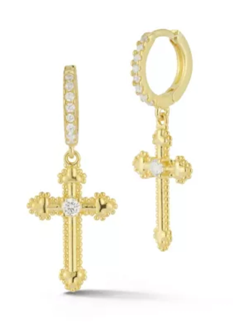 Sterling Silver Cubic Zirconia Budded Cross Charm Huggie Hoop Earrings