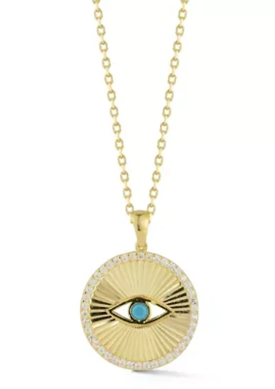 Sterling Silver Cubic Zirconia and Synthetic Turquoise Evil Eye Medallion Necklace
