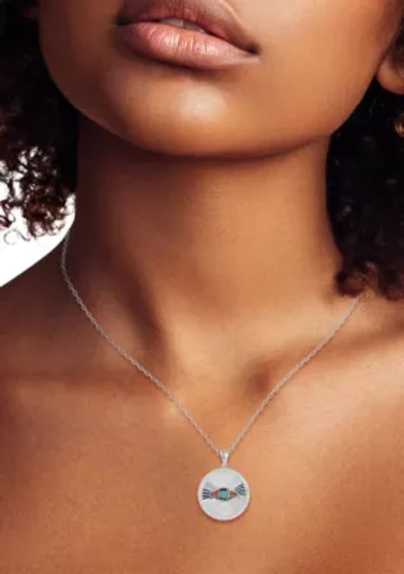 Sterling Silver Cubic Zirconia and Synthetic Turquoise Evil Eye Medallion Necklace
