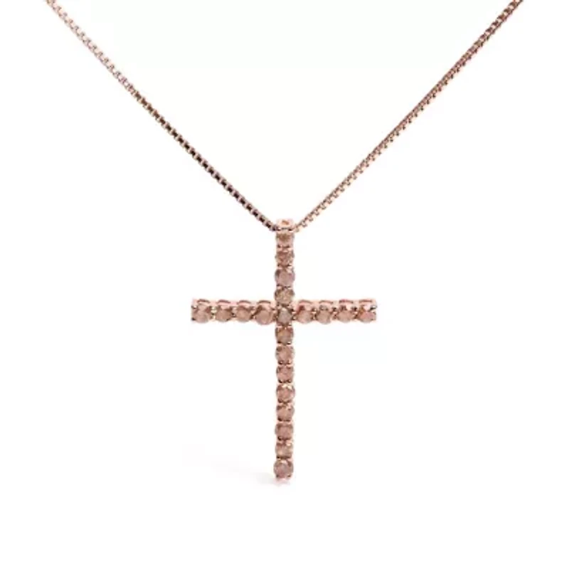 Silver 1.0 Cttw Champagne Diamond Gold Cross Pendant Necklace for Women- 18 inch