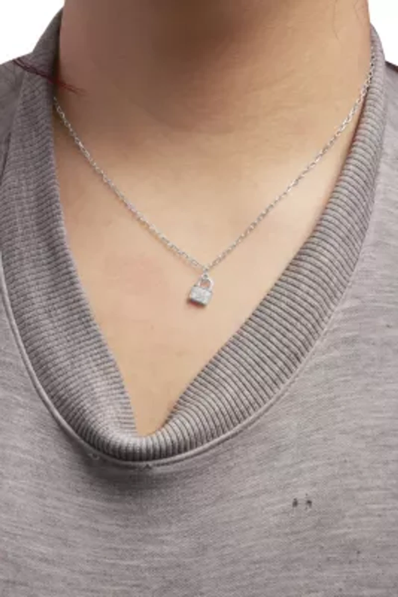 .925 Sterling Silver 1/4 Cttw Diamond Lock Pendant Necklace with Paperclip Chain