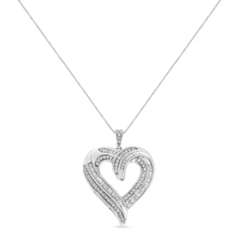 Silver 3/4 Cttw Round and Baguette-Cut Diamond Open Heart 18" Pendant Necklace