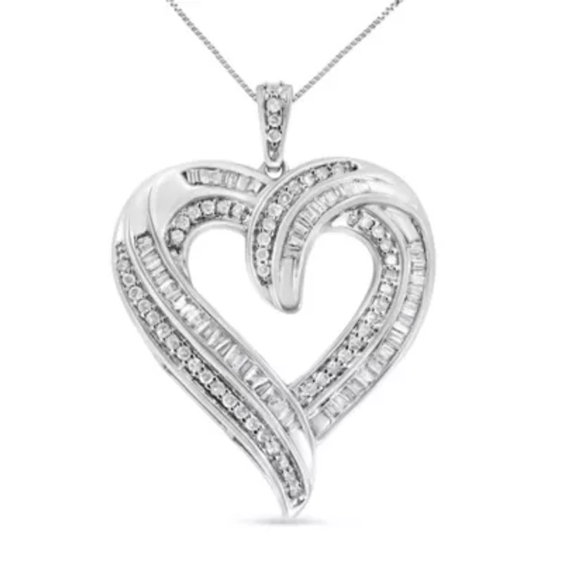 Silver 3/4 Cttw Round and Baguette-Cut Diamond Open Heart 18" Pendant Necklace