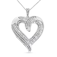 Silver 3/4 Cttw Round and Baguette-Cut Diamond Open Heart 18" Pendant Necklace