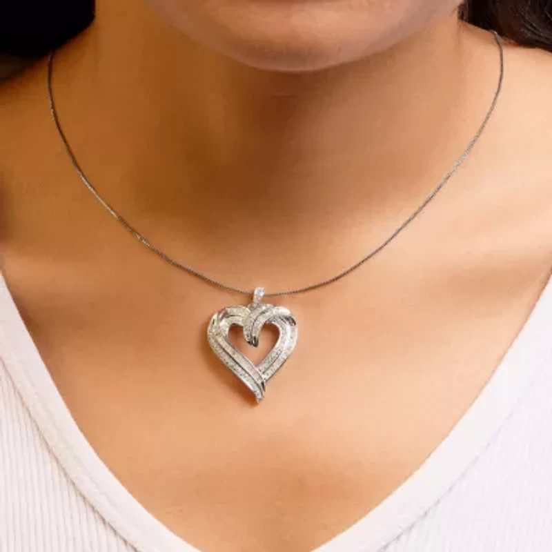 Silver 3/4 Cttw Round and Baguette-Cut Diamond Open Heart 18" Pendant Necklace