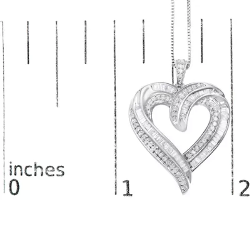Silver 3/4 Cttw Round and Baguette-Cut Diamond Open Heart 18" Pendant Necklace