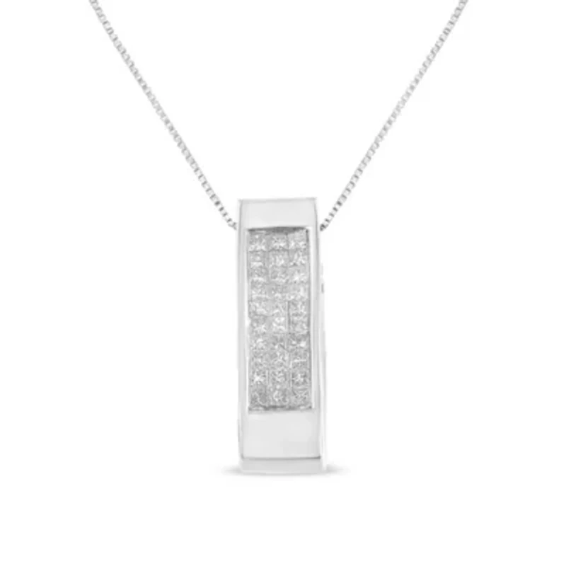 14K Gold 1/2 Cttw Princess Cut Diamond Vertical Bar Block Pendant 18" Necklace