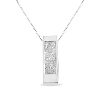 14K Gold 1/2 Cttw Princess Cut Diamond Vertical Bar Block Pendant 18" Necklace