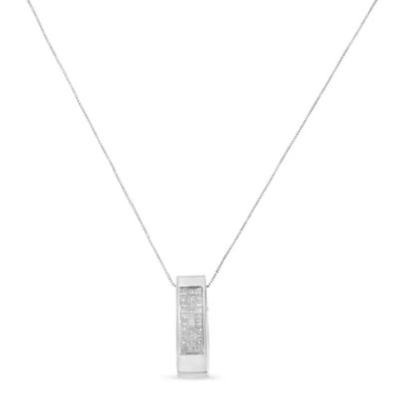 14K Gold 1/2 Cttw Princess Cut Diamond Vertical Bar Block Pendant 18" Necklace