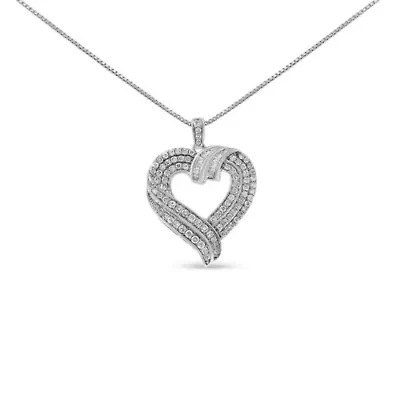 Silver 1.00 Cttw Baguette Diamond Composite Open Heart 18" Inch Pendant Necklace