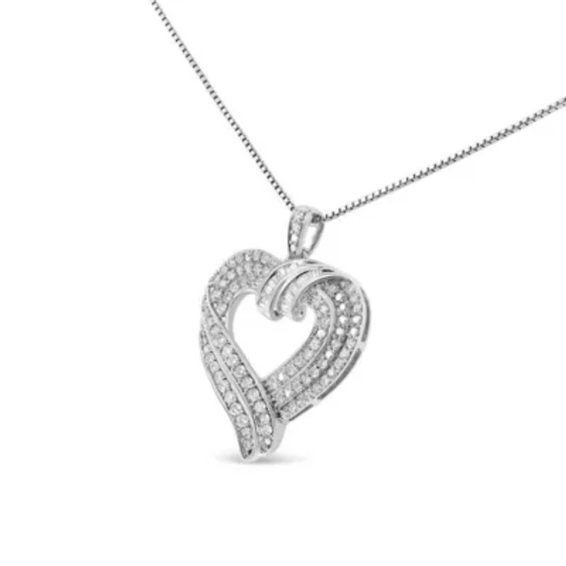 Silver 1.00 Cttw Baguette Diamond Composite Open Heart 18" Inch Pendant Necklace