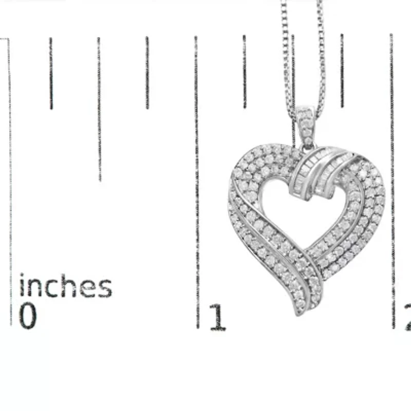 Silver 1.00 Cttw Baguette Diamond Composite Open Heart 18" Inch Pendant Necklace