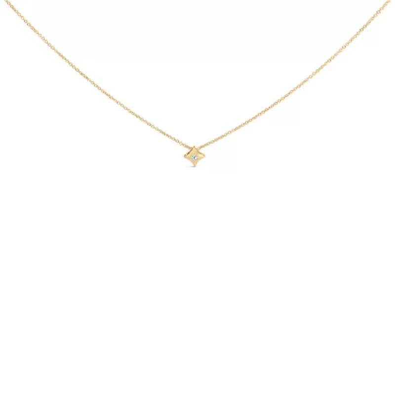 10K Gold 1/10 Cttw Bezel Set Solitaire Princess Diamond Kite Shaped Pendent Necklace