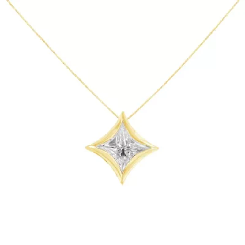 10K Gold 1/10 Cttw Bezel Set Solitaire Princess Diamond Kite Shaped Pendent Necklace