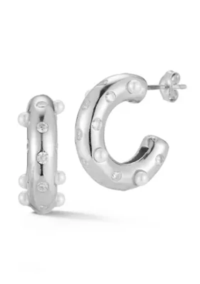 Sterling Silver Cubic Zirconia and Pearl Hoop Earrings