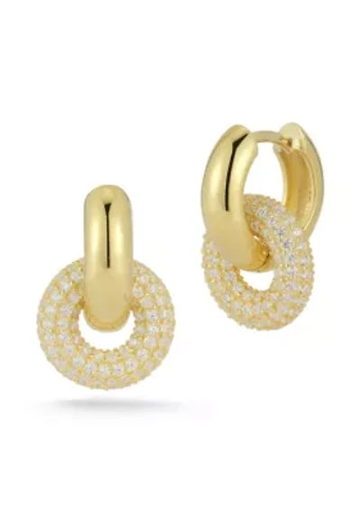 Sterling Silver Open Bold Cubic Zirconia Pave Link Huggie Hoop Earrings