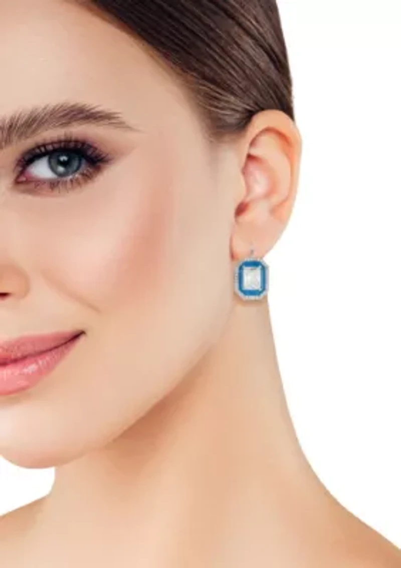Sterling Silver Cubic Zirconia and Enamel Emerald Cut Earrings