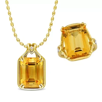 2 Piece Set of Citrine & White Topaz Solitaire Necklace Ring Yellow Plated Sterling Silver, 18"