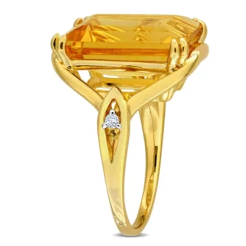 2 Piece Set of Citrine & White Topaz Solitaire Necklace Ring Yellow Plated Sterling Silver, 18"