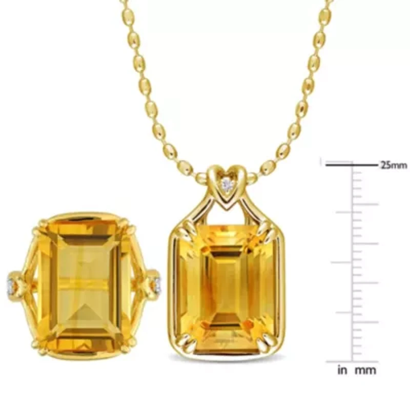 2 Piece Set of Citrine & White Topaz Solitaire Necklace Ring Yellow Plated Sterling Silver, 18"