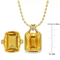 2 Piece Set of Citrine & White Topaz Solitaire Necklace Ring Yellow Plated Sterling Silver, 18"