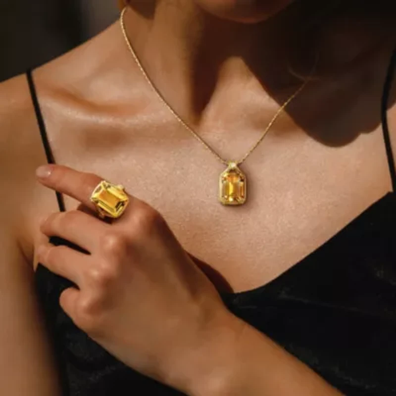 2 Piece Set of Citrine & White Topaz Solitaire Necklace Ring Yellow Plated Sterling Silver, 18"