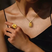 2 Piece Set of Citrine & White Topaz Solitaire Necklace Ring Yellow Plated Sterling Silver, 18"