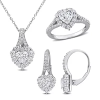 Lab Created 3 Piece Set of White Moissanite Heart Halo Earrings, Pendant, & Engagement Ring Sterling Silver, 18"