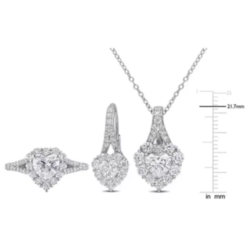 Lab Created 3 Piece Set of White Moissanite Heart Halo Earrings, Pendant, & Engagement Ring Sterling Silver, 18"