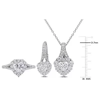 Lab Created 3 Piece Set of White Moissanite Heart Halo Earrings, Pendant, & Engagement Ring Sterling Silver, 18"