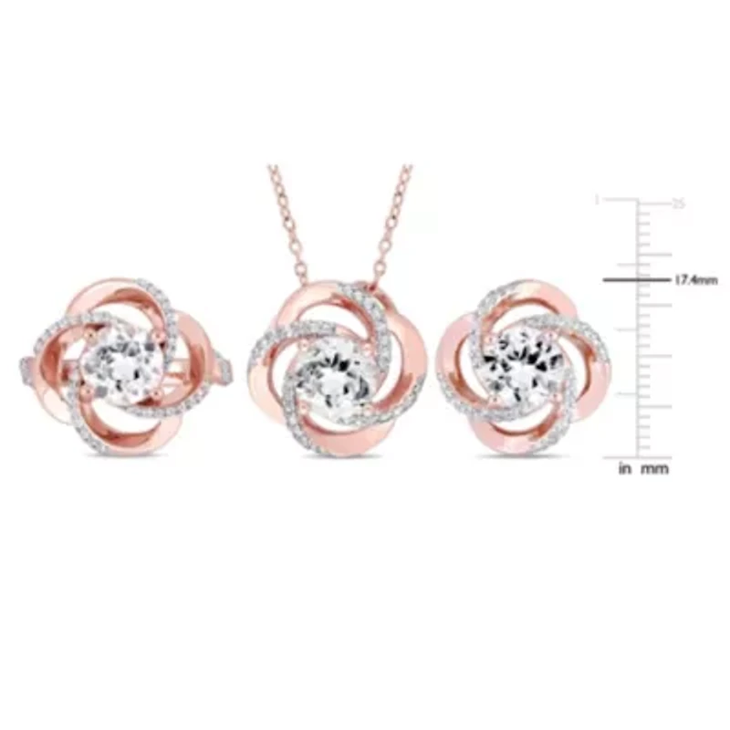 3 Piece Set of White Topaz Ring, Earrings & Pendant With Chain Rose Plated Sterling Silver, 18"