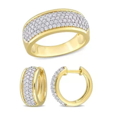 2 Piece Set of Created White Moissanite Triple Row Hoop Earrings & Semi-Eternity Ring Yellow Plated Sterling Silver