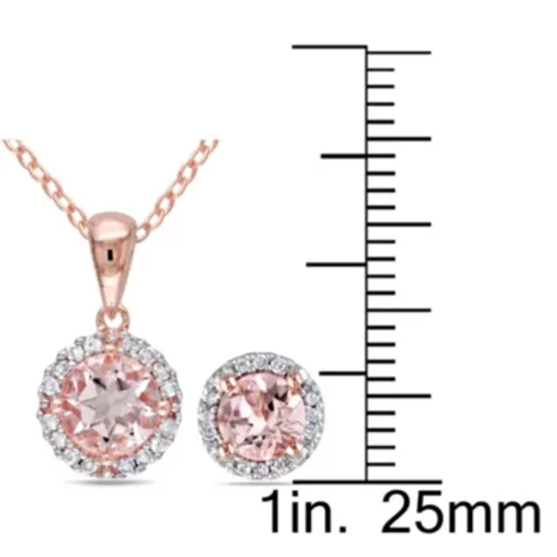 3 Piece Set of Diamond & Morganite Pendant With Chain, Stud Earrings Halo Ring Rose Plated Sterling Silver, 18"