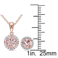 3 Piece Set of Diamond & Morganite Pendant With Chain, Stud Earrings Halo Ring Rose Plated Sterling Silver, 18"