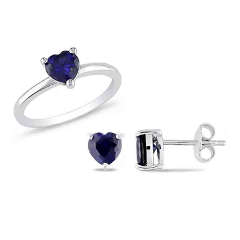 Lab Created 2 Piece Set of Blue Sapphire Heart Earrings, Ring Sterling Silver