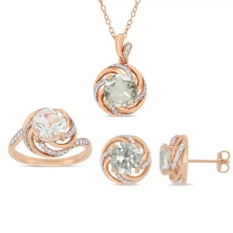 3 Piece Set of Diamond & Green Quartz White Topaz Ring, Earrings Pendant With Chain Rose Plated Sterling Silver, 18"