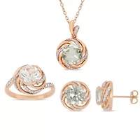 3 Piece Set of Diamond & Green Quartz White Topaz Ring, Earrings Pendant With Chain Rose Plated Sterling Silver, 18"