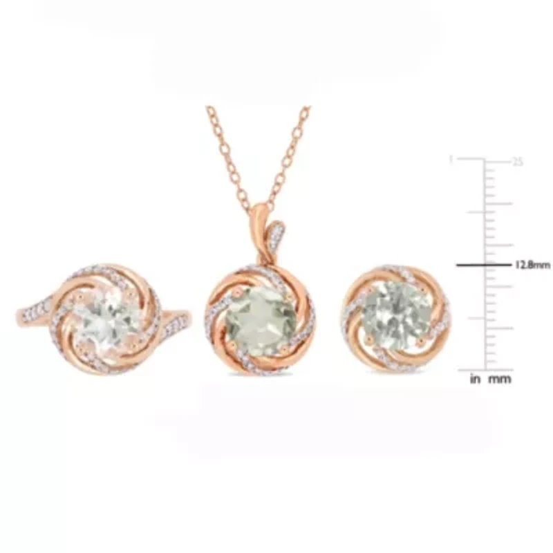 3 Piece Set of Diamond & Green Quartz White Topaz Ring, Earrings Pendant With Chain Rose Plated Sterling Silver, 18"
