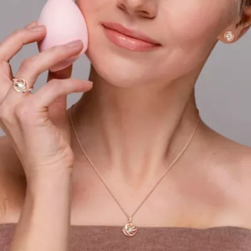 3 Piece Set of Diamond & Green Quartz White Topaz Ring, Earrings Pendant With Chain Rose Plated Sterling Silver, 18"