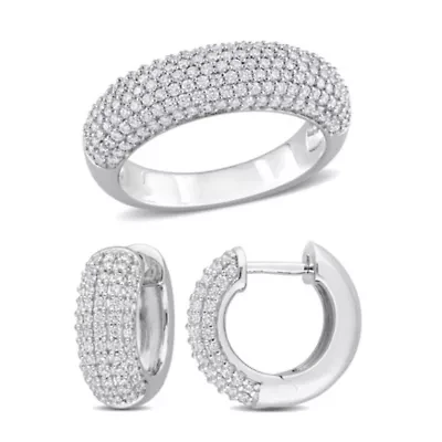Lab Created 2 Piece Set of White Moissanite Multi-Row Hoop Earrings & Semi-Eternity Ring Sterling Silver