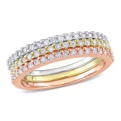 3 Pc Set of Diamond Ring Yellow, Rose & White Sterling Silver