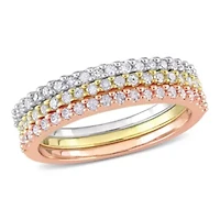 3 Pc Set of Diamond Ring Yellow, Rose & White Sterling Silver